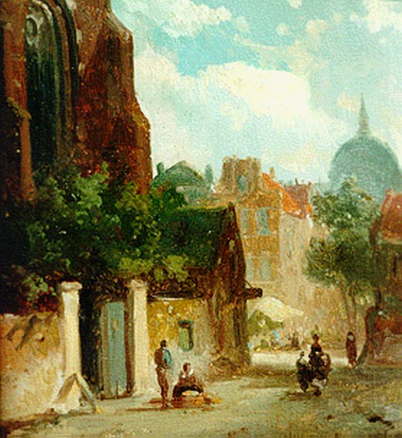 Adrianus Eversen | A sunlit street, Öl auf Tafel, 11,0 x 10,7 cm