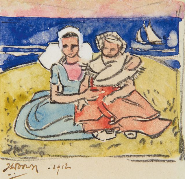 Jan Toorop | In den Dünen bei Domburg, Schwarze Kreide und Aquarell auf Papier, 6,2 x 6,6 cm, Unterzeichnet u.l. (zweimal) und datiert 1912