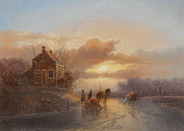Jan Evert Morel II | Pferdeschlitten und Schlittschuhläufer beim Sonnenuntergang, Öl auf Tafel, 20,2 x 28,5 cm, Unterzeichnet u.r.