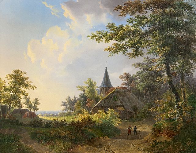 Willem de Klerk | Landleute auf einem Waldweg bei einer Kirche, Öl auf Leinwand, 56,4 x 71,5 cm, Unterzeichnet M.u.