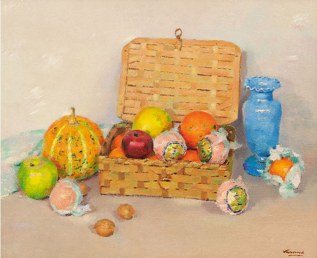 Verdonk F.W.  | Still life with a fruit basket, Öl auf Leinwand  auf Holzfaser 46,0 x 56,0 cm, Unterzeichnet u.r.