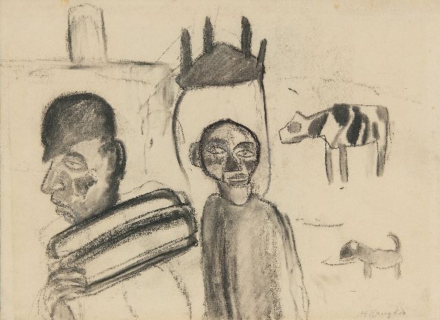 Herman Kruyder | Zwei Männer mit Kuh und Hund, Holzkohle  auf Papier, 19,1 x 26,1 cm, Unterzeichnet u.r. und zu datieren um 1920