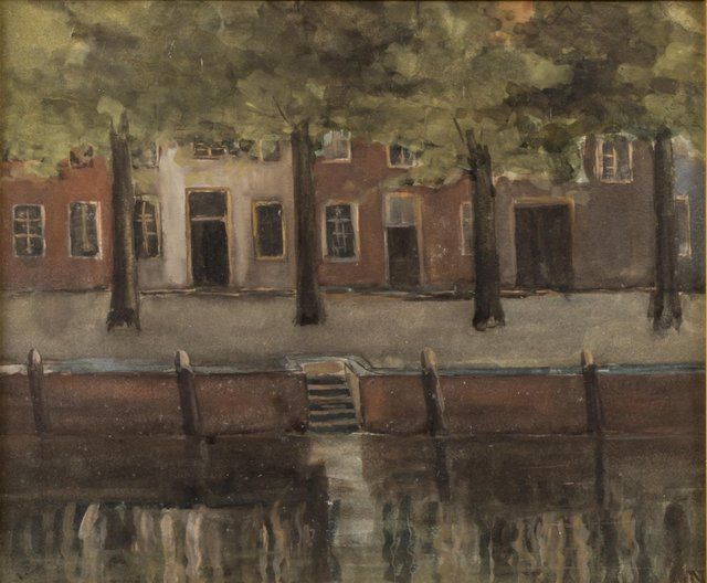 Jakob Nieweg | City quay with reflection of houses in the water, Aquarell auf Papier, 27,0 x 32,0 cm, Unterzeichnet u.r. mit Monogram