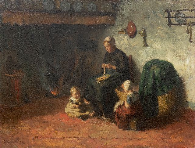 Bernard de Hoog | Bauernhofinnenraum mit junger Mutter und Kindern, Öl auf Leinwand, 50,0 x 65,5 cm, Unterzeichnet u.l.