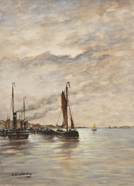 Hendrik Willem Mesdag | Fischereifahrzeuge im Hafen, Aquarell auf Papier, 43,2 x 31,8 cm, Unterzeichnet u.l.