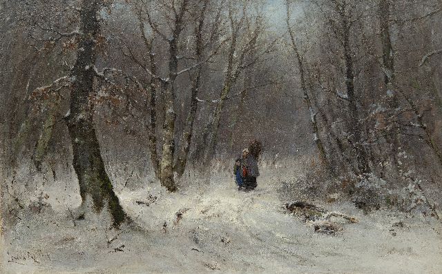 Louis Apol | Holzsammler in einem verschneiten Wald, Öl auf Leinwand, 45,8 x 70,7 cm, Unterzeichnet u.l. und zu datieren um 1873-1875