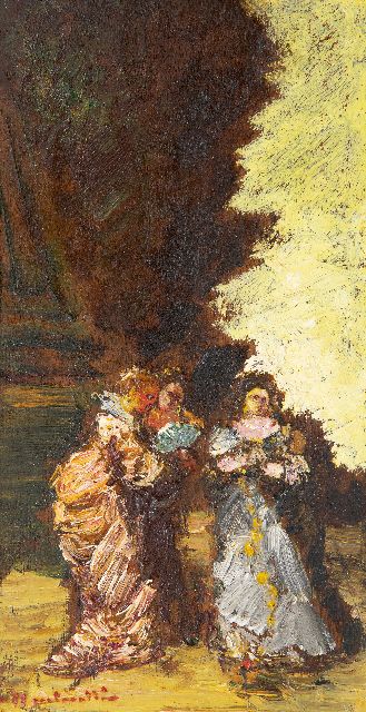 Adolphe Monticelli | Trois femmes dans un parc (Drei Frauen in einem Park), Öl auf Holzfaser auf Holz, 29,3 x 16,0 cm, Unterzeichnet u.l.
