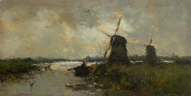 Jan Hendrik Weissenbruch | Windmühlen in Polderlandschaft, Öl auf Tafel, 16,9 x 33,0 cm, Unterzeichnet u.r. und zu datieren Jahre 1890