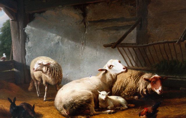 Eugène Joseph Verboeckhoven | Sheep in a stable, Öl auf Tafel, 58,6 x 81,0 cm, signed u.r. und dated 1859