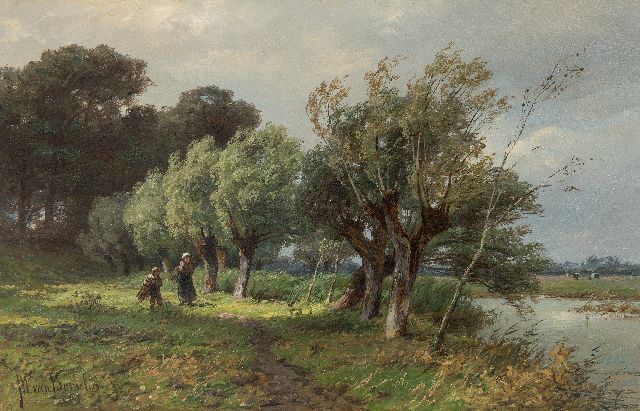 Jan Willem van Borselen | Fallholz sammelnde Leute am Grabenufer, Öl auf Holz, 20,8 x 31,7 cm, Unterzeichnet u.l.