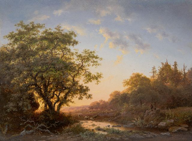 Frederik Marinus Kruseman | Ruhender Hirt in Bachlandschaft bei untergehender Sonne, Öl auf Holz, 47,8 x 64,3 cm, Unterzeichnet u.r. und datiert 1855