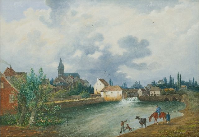 Knip H.J.  | Stadtansicht mit fliessendem Fluss, Gouache auf Papier 49,5 x 72,7 cm, Unterzeichnet u.r.