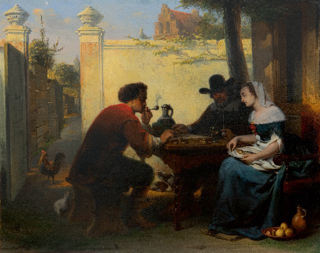 Laar J.H. van de | Dame spielen im Garten, Öl auf Holz 40,8 x 51,1 cm, Unterzeichnet l.v.m.h. auf der Bank und datiert 1864