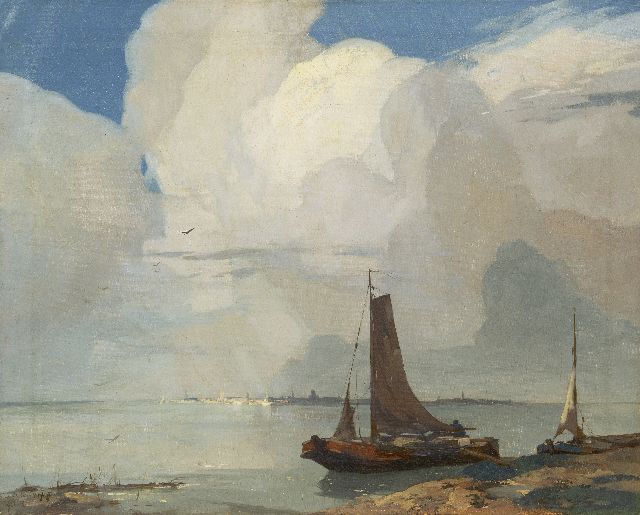 Adriaan van 't Hoff | Boote am Wasserrand, eine holländische Stadt am Horizont, Öl auf Leinwand, 60,2 x 75,5 cm, Unterzeichnet u.l. und datiert 1927