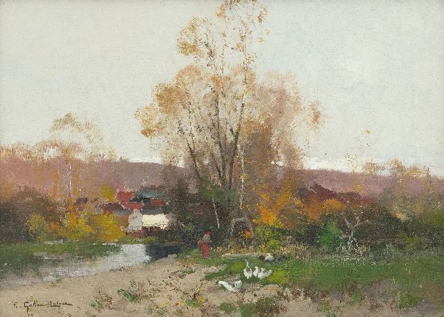 Eugène Galien-Laloue | Herbstlandschaft mit Gänsehüterin, Öl auf Leinwand, 33,3 x 46,0 cm, Unterzeichnet u.l.