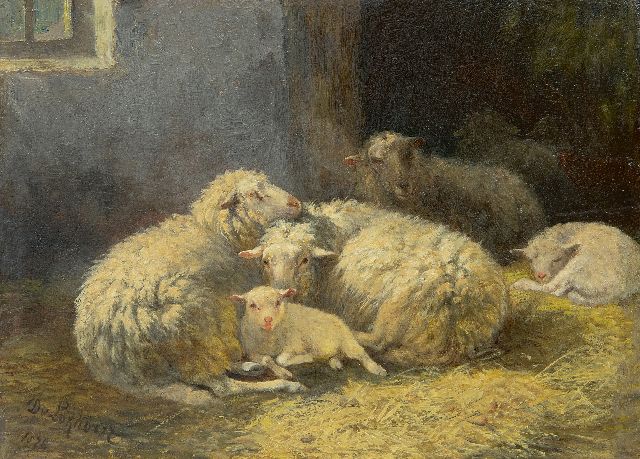 Lokhorst D. van | Schafe mit Lämmern im Stall, Öl auf Holz 18,0 x 24,7 cm, Unterzeichnet u.l. und datiert 1876