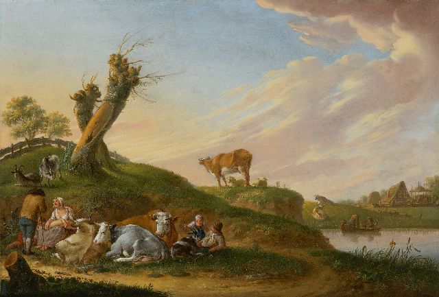 Heinrich Wilhelm Schweickhardt | Hirten mit ihrer Herde am Fluss, Öl auf Holz, 33,5 x 47,2 cm, Unterzeichnet u.l. und datiert 1774