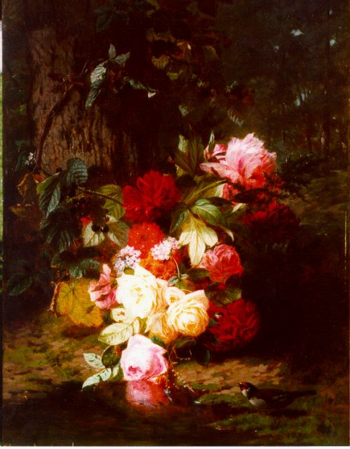 Jean-Baptiste Robie | Woodland with roses, Öl auf Holz, 84,2 x 63,8 cm, signed l.l.