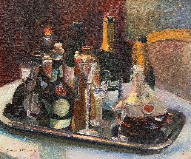 George Mosson | Stillleben mit Dom Bénédictine Likör, Flaschen und Gläsern, Öl auf Leinwand, 54,7 x 63,1 cm, Unterzeichnet u.l. und datiert '19