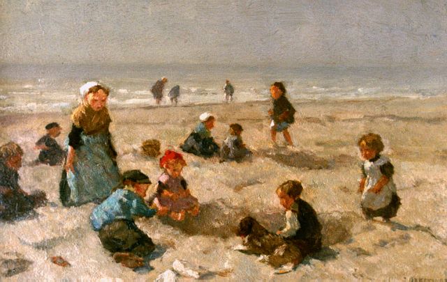 Johannes Evert Akkeringa | Children playing at the beach, Öl auf Holz, 18,0 x 26,8 cm, signed l.r.