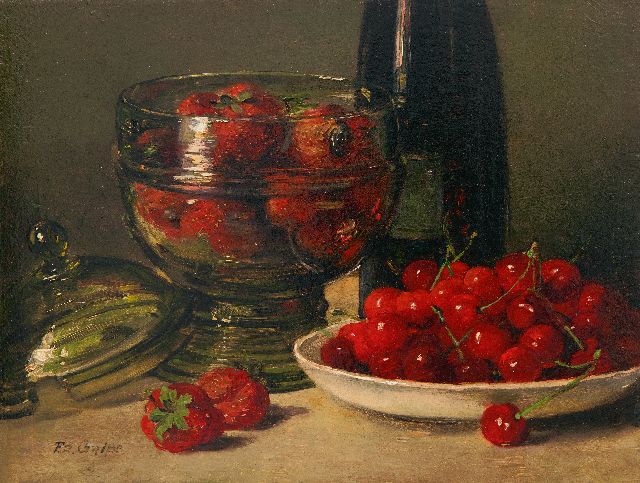 Frédéric Antoine Marie 'Frits' Grips | Stillleben mit Kirschen und Erdbeeren im Glas, Öl auf Holz, 16,0 x 21,1 cm, Unterzeichnet u.l.