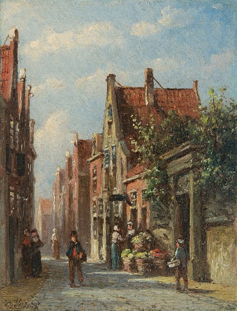 Petrus Gerardus Vertin | Sonnige Straße mit Gemüseverkäufer, Öl auf Holz, 13,4 x 10,2 cm, Unterzeichnet u.l.