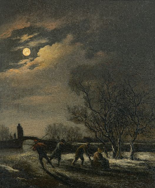 Simon Andreas Krausz | Schlittschuhläufer im Mondeslicht, Öl auf Holz, 21,6 x 18,3 cm
