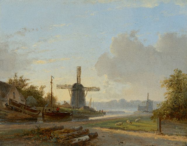 Brouwer P.M.  | River landscape with mills and shipyard, Öl auf Holz 25,7 x 32,5 cm, Unterzeichnet u.l. und datiert '41