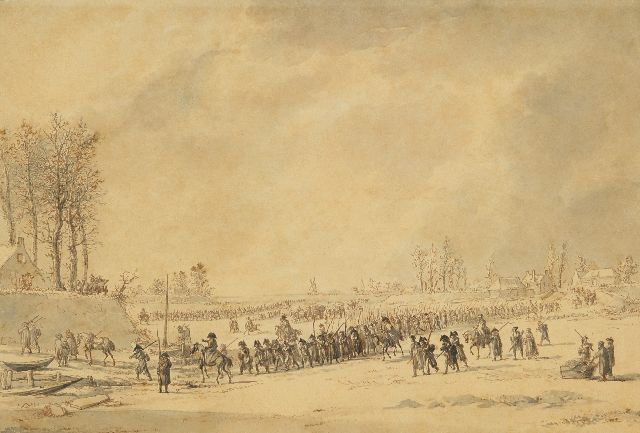 Dirk Langendijk | Die Überquerung der gefrorenen Waal durch die Armee Napoleons im Jahre 1795, Tinte auf Papier, 16,1 x 23,8 cm
