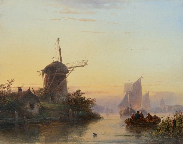 Lodewijk Johannes Kleijn | River with ships at sunset, Öl auf Holz, 28,7 x 36,5 cm, Unterzeichnet u.r.