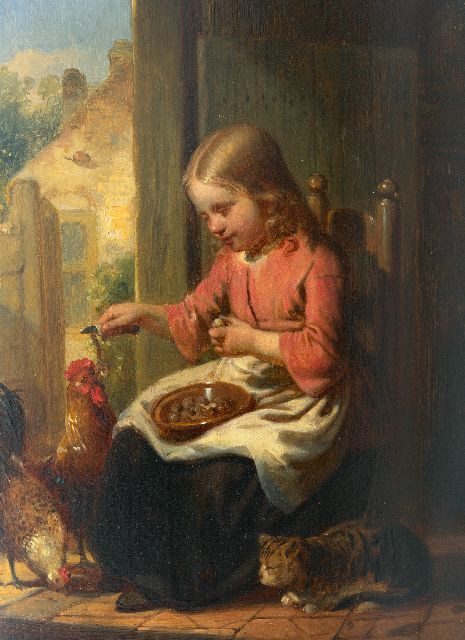 Johannes Antonius Canta | Mädchen mit Katze und Hühnern, Öl auf Tafel, 26,0 x 19,0 cm, Unterzeichnet u.l.