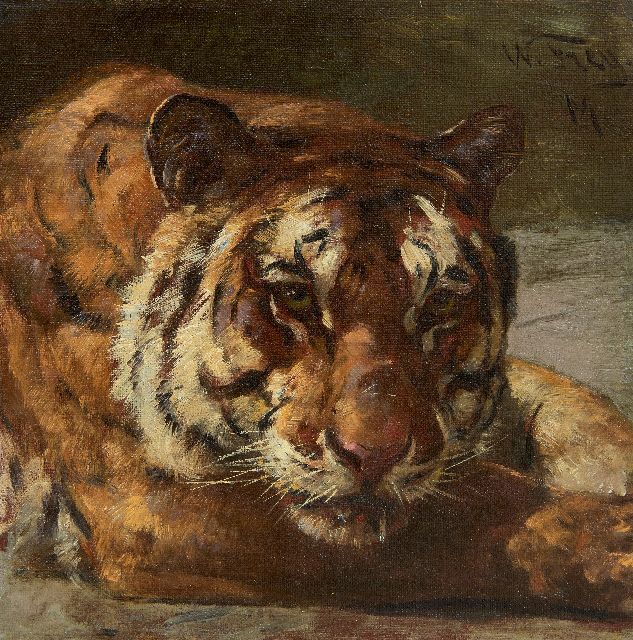 Wilhelm Frey | Tiger in Artis, Öl auf Leinwand  auf Holzfaser, 25,0 x 24,9 cm, Unterzeichnet o.r.