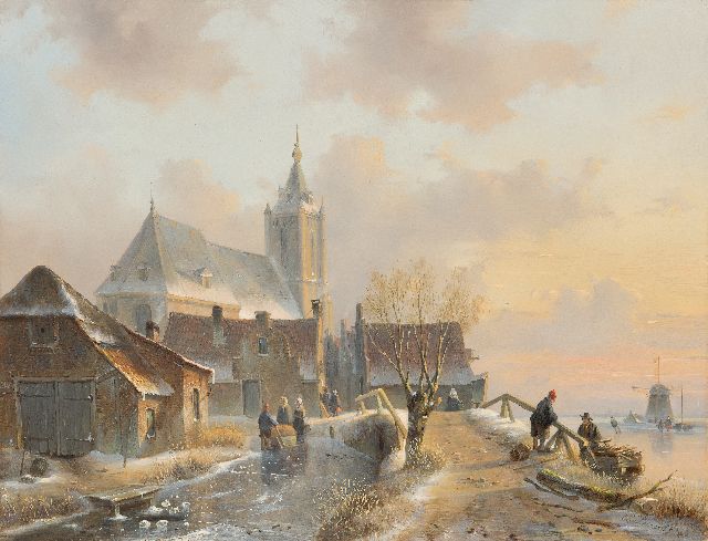Charles Leickert | Beschneite Dorfansicht mit Figuren auf dem Eis, Öl auf Tafel, 37,5 x 49,7 cm, Unterzeichnet u.r. und zu datieren um 1845