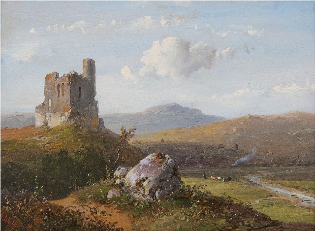 Andreas Schelfhout | Panoramische Hügellandschaft mit Ruine, Öl auf Holz, 14,8 x 21,1 cm, Unterzeichnet u.l. und datiert '50