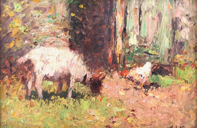 Edzard Koning | Ziege und Huhn in der Wiese bei einem Bauernhof, Öl auf Holzfaser, 13,0 x 18,0 cm, Unterzeichnet u.r. mit Initialen
