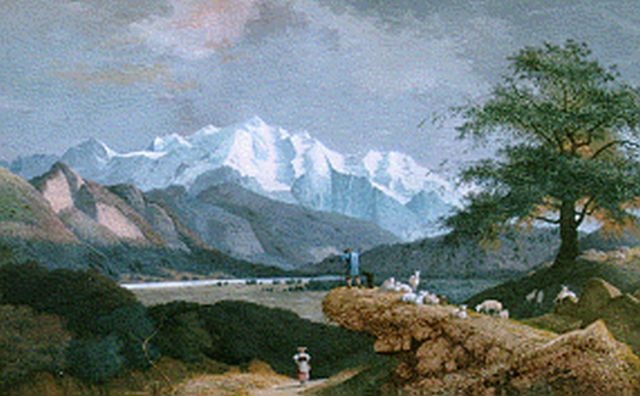 Josephus Augustus Knip | A mountainous landscape with a shepherd and flock, Gouache auf Papier, 63,0 x 94,5 cm