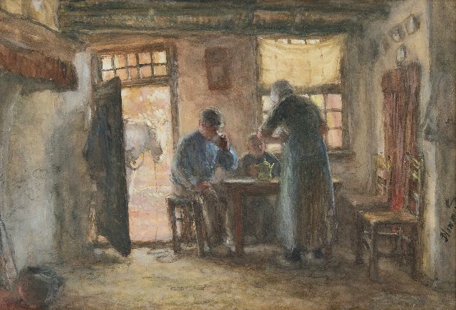 Bernard Blommers | Bauernfamilie um den Tisch, Aquarell auf Papier, 37,6 x 54,3 cm, Unterzeichnet u.r.