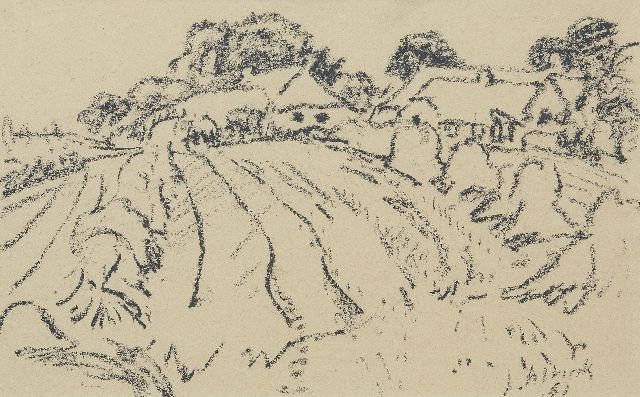 Jan Altink | Ackerland mit Bauernhöfen, Schwarze Kreide auf Papier, 31,1 x 48,3 cm, Unterzeichnet u.r. und datiert '61