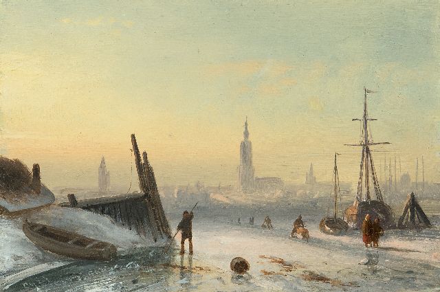 Charles Leickert | Eis Szene mit Skatern in der Nähe einer Stadt, Öl auf Holz, 11,7 x 17,3 cm, Unterzeichnet u.l. mit Initialen