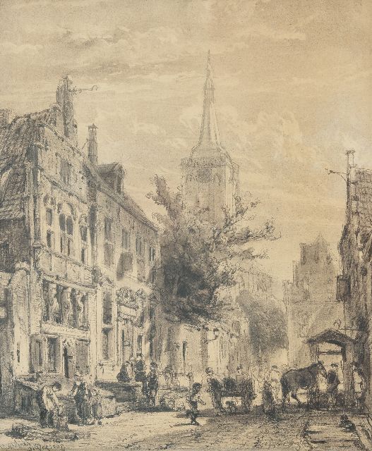 Cornelis Springer | Blick auf die Nieuwstraat in Hasselt, Overijssel, Holzkohle  auf Papier, 61,1 x 51,0 cm, Unterzeichnet u.r. und datiert Hasselt April 1863