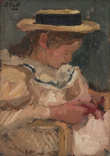 Barbara van Houten | Lesendes Mädchen im Korbstuhl, Öl auf Leinwand, 28,2 x 20,2 cm, Unterzeichnet o.l. mit Initialen