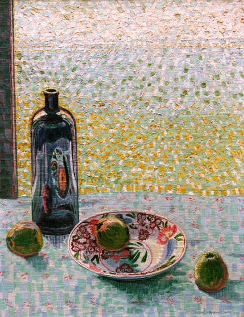 Wim Schuhmacher | A still life with a bottle, plate and apples, Öl auf Leinwand, 60,0 x 47,2 cm, signed l.r. und dated 1914