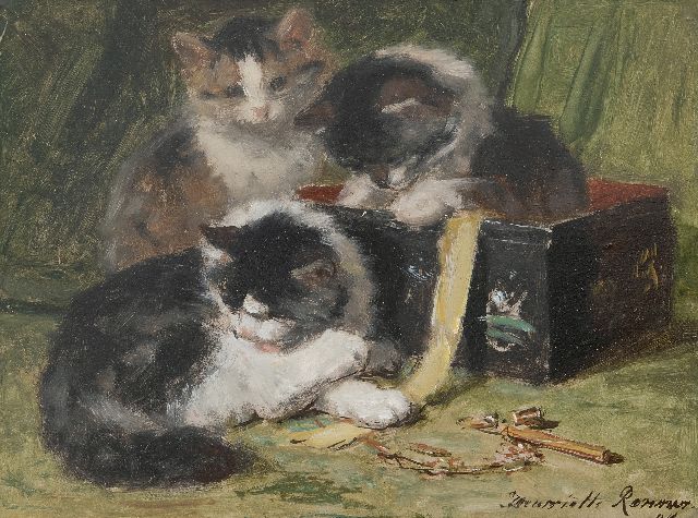 Henriette Ronner | Kätzchen spielen mit Nähkästchen, Öl auf Holz, 25,0 x 33,5 cm, Unterzeichnet u.r. und datiert '94