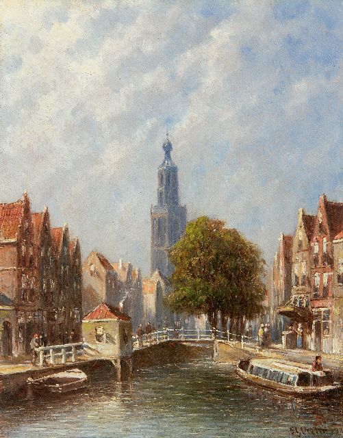 Petrus Gerardus Vertin | Summer cityscape with the tower of the Gouda Sint-Janskerk, Öl auf Holz, 20,2 x 16,0 cm, Unterzeichnet u.r. und datiert  '93