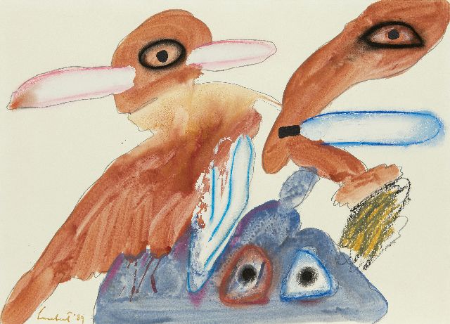 Lucebert | Drei Kreaturen, vier Augen, pencil, chalk, watercolour and oil on paper, 50,2 x 70,0 cm, Unterzeichnet u.l. und datiert '89