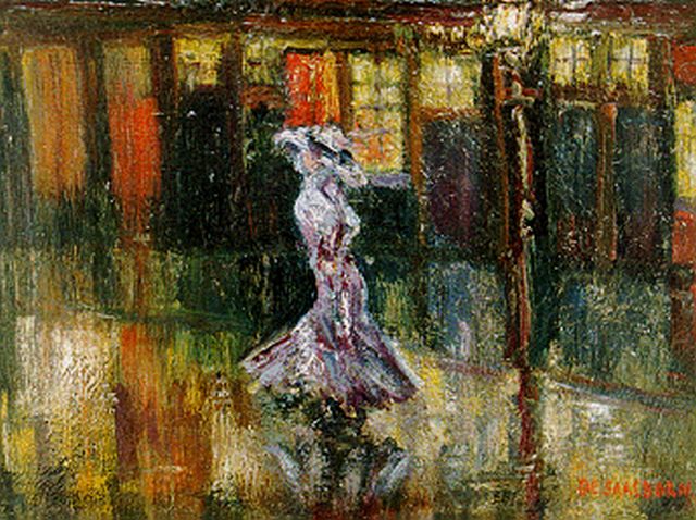 Louis Saalborn | An elegant lady in a street at night, Öl auf Holz, 21,0 x 27,0 cm, signed l.r. und dated 1910