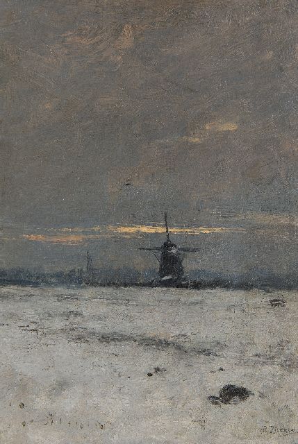 Philip Zilcken | Mühle im Schnee bei untergehender Sonne, Öl auf Tafel, 29,7 x 20,3 cm, Unterzeichnet u.r. und zu datieren um 1903