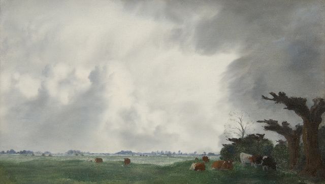 Jan Voerman sr. | Kuhe auf der Wiese entlang der IJssel, Öl auf Tafel, 30,9 x 52,0 cm, Unterzeichnet u.r.