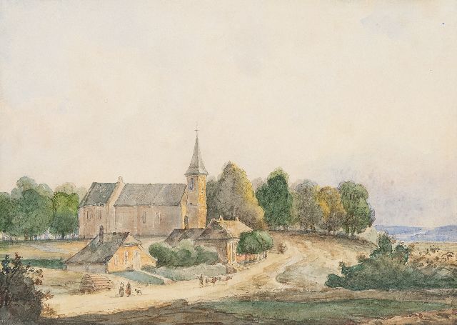 Kleijn L.J.  | Kirche in hügeliger Landschaft, Aquarell auf Papier auf Holzfaserplatte 14,5 x 20,1 cm, Unterzeichnet u.r. A. Schelfhout