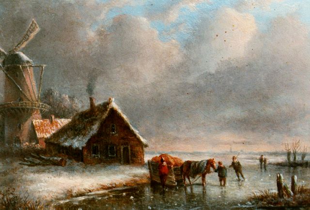 Adrianus Cornelis Slingerland | A winter landscape with a horse-sledge, Öl auf Holz, 12,6 x 17,6 cm, signed l.l. with initials